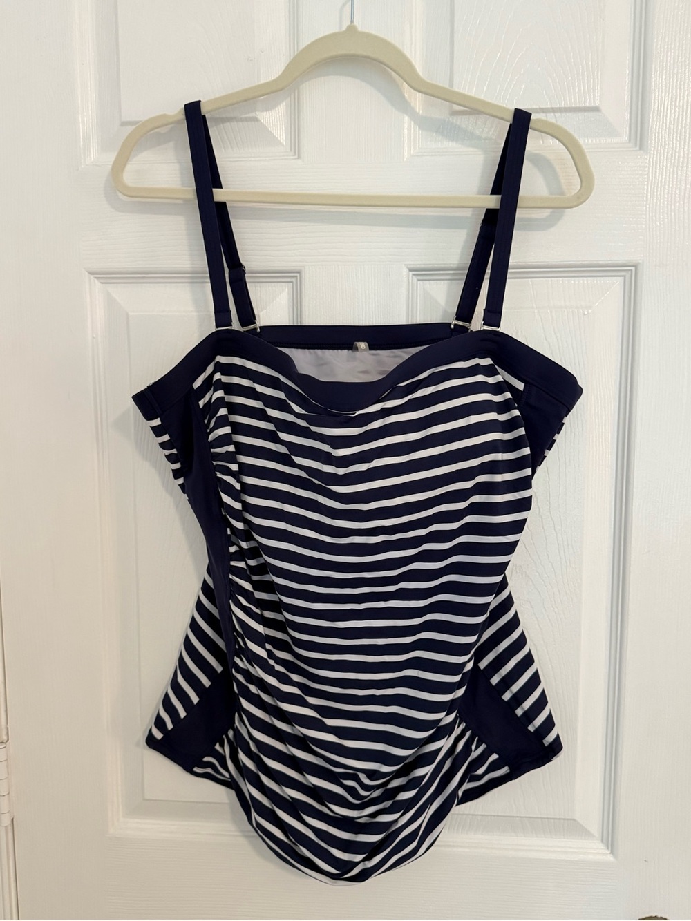 Lands' End Navy and White Striped swim top.